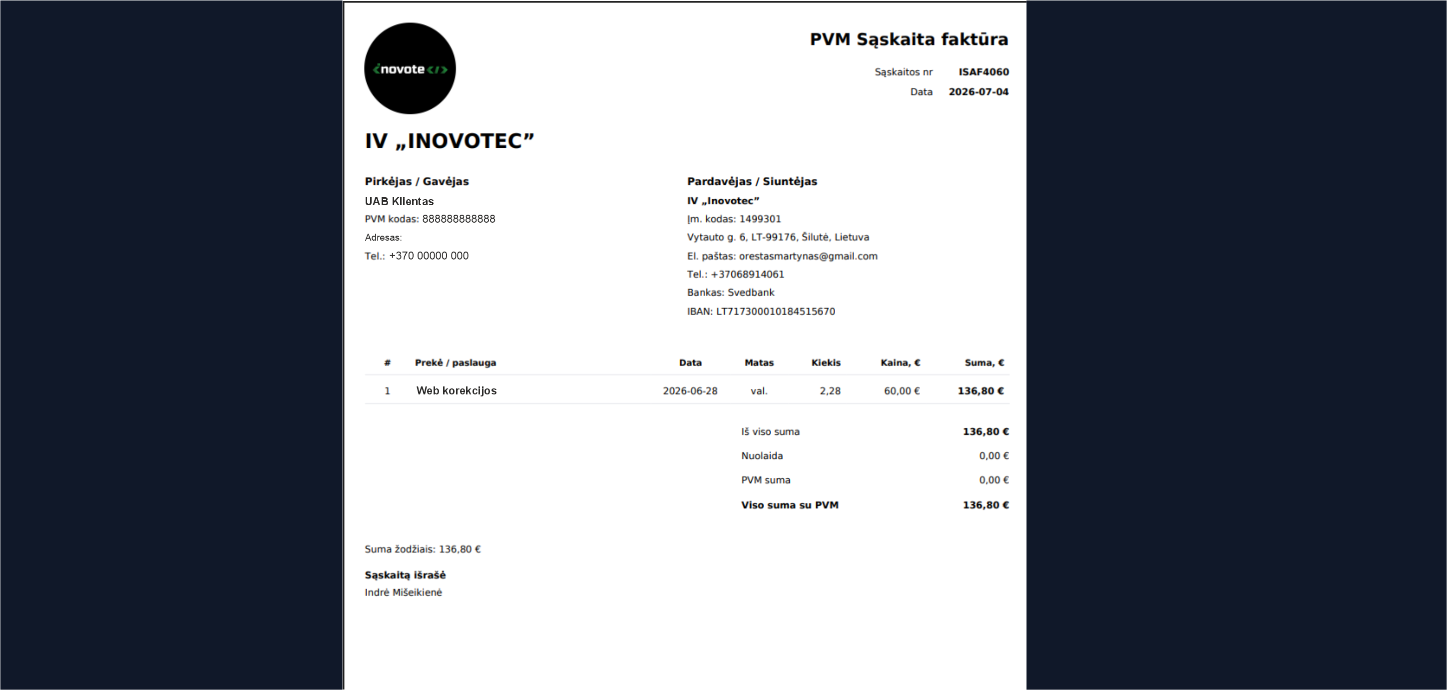 INOVS VAT invoice PDF