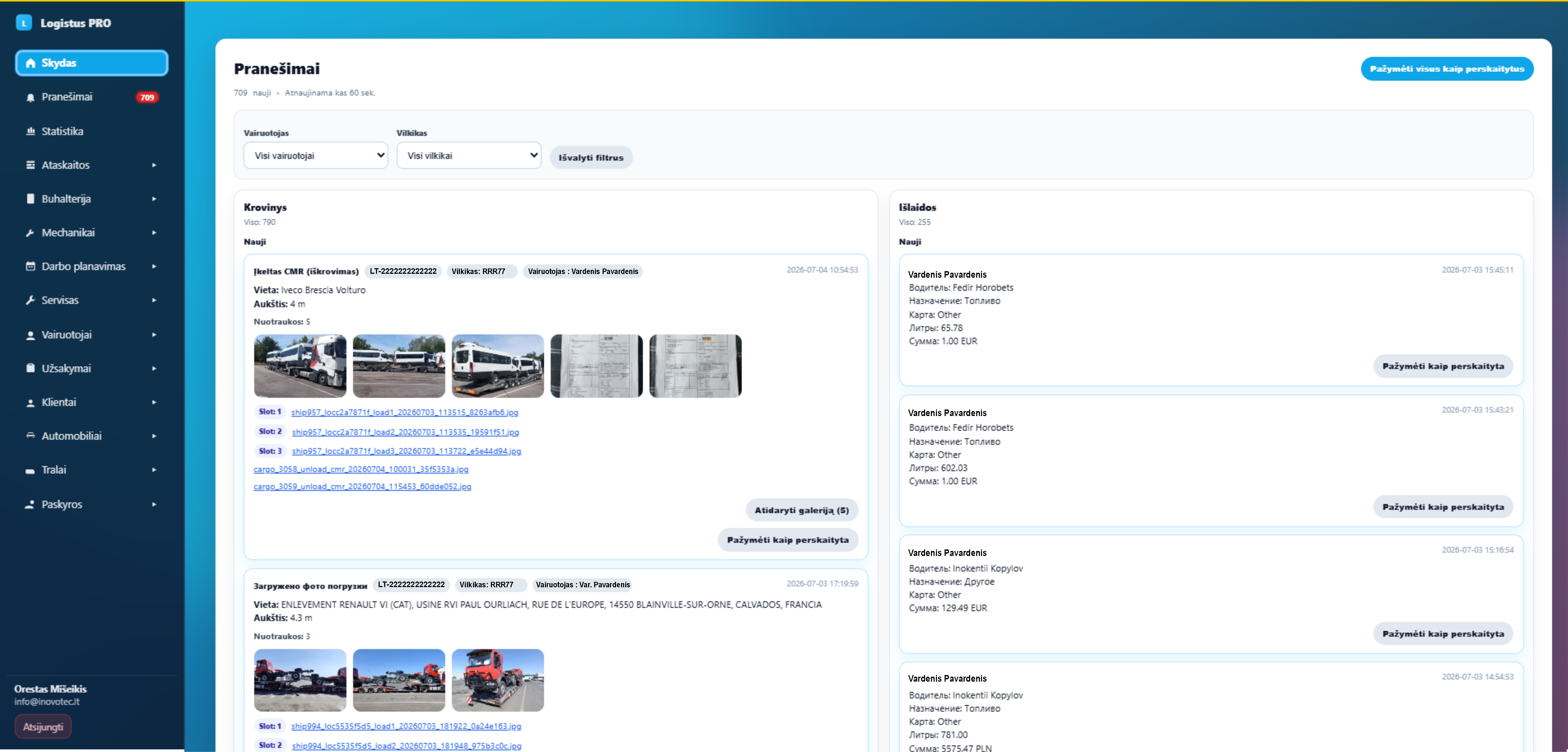 Logistus PRO notifications and cargo photo management screen