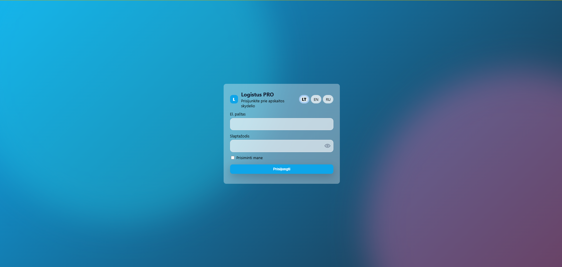 Logistus PRO login screen for the logistics accounting dashboard